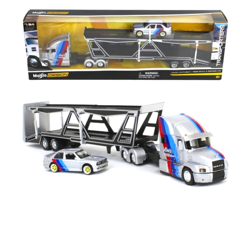 Transporter Mack Anthem and 1988 BMW M3 1:64 Scale Diecast Model Silver Maisto